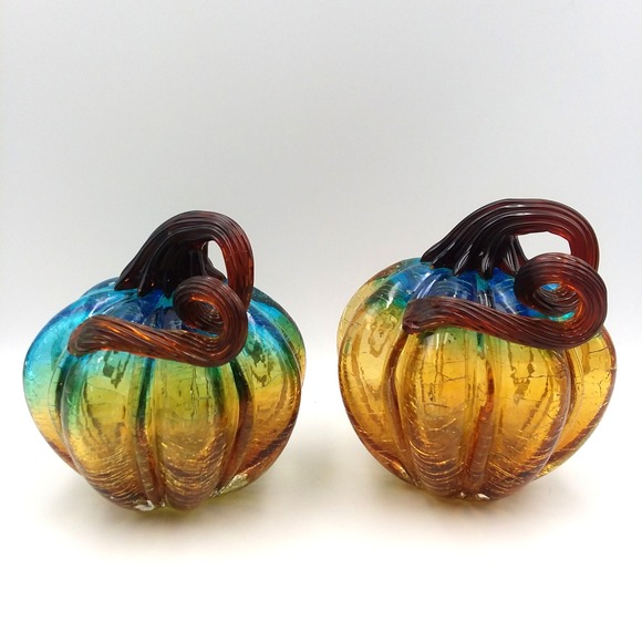 2 Hand Blown Artisanal Cracle Glass Pumpkin Gourd Blue‎ Amber Desk Art - Picture 2 of 12
